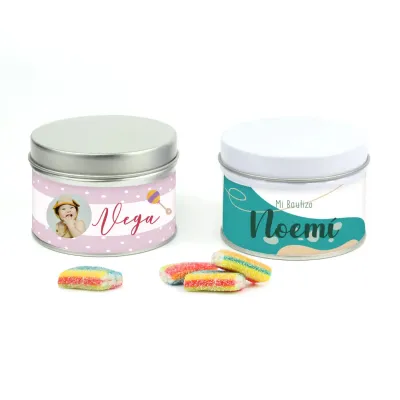 Ladrillos de gominola en lata personalizada detalle de Bautizo