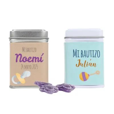 Latita cuadrada con violetas Bautizo
