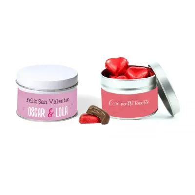 Lata personalizada para san Valentín con Corazones de chocolate