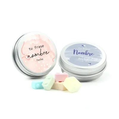 Bloques de Caramelo Candy Blox en Latita Personalizada para Detalles de Bautizo