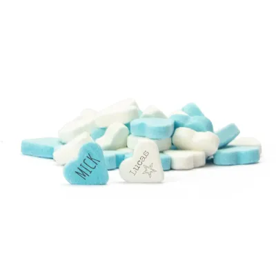 Caramelos corazón azul - blanco personalizados para comunión