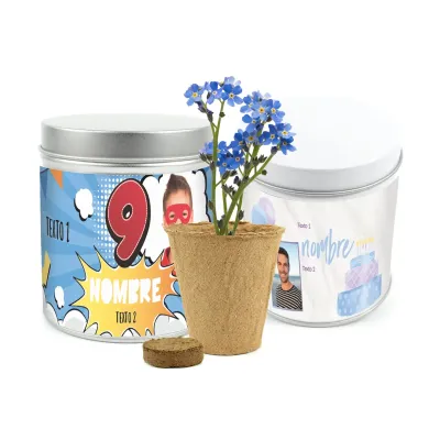 Flor No Me Olvides en Lata Personalizada para Cumpleaños
