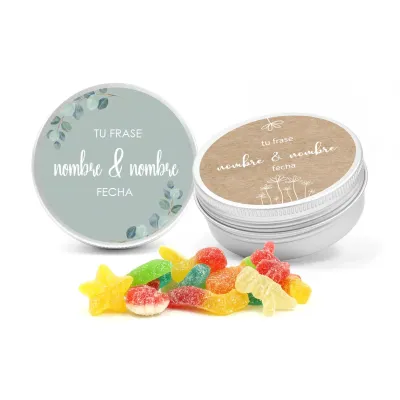 Mix Gominolas en Latita Redonda de Aluminio Personalizada para Boda