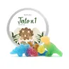 Dinosaurios de Gominola en Latita Aluminio Redonda para Detalle de Bautizo frontal
