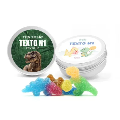 Dinosaurios de Gominola en Latita Aluminio Redonda para Detalle de Cumpleaños