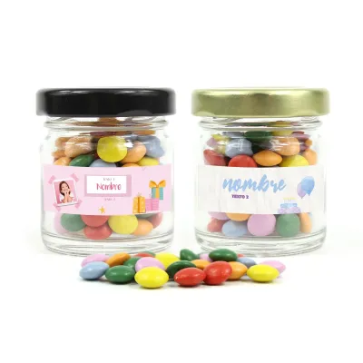 Mini Chocolates de Colores en Botecito de Cristal Personalizado para Cumpleaños