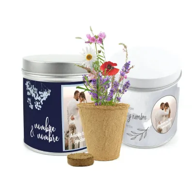 Cultivo de Mix de Flores en Lata Personalizada para Detalles de Boda