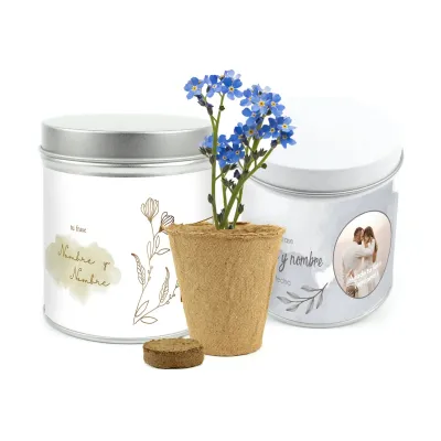 Cultivo de Flor No Nos Olvides en Lata Personalizada para Boda