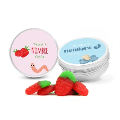 Fresas de Gominola en Lata Personalizada para Detalle de Bautizo