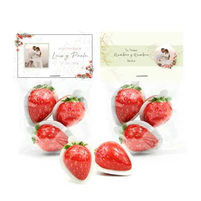 Chicles XL de Fresa en Bolsita de Celofán Personalizada para Detalle de Boda