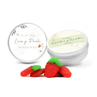 Fresas de Gominola en Lata Personalizada para Detalle de Boda