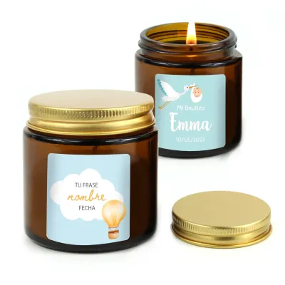 Vela Aromática Madera Ámbar Personalizada para Detalle de Bautizo
