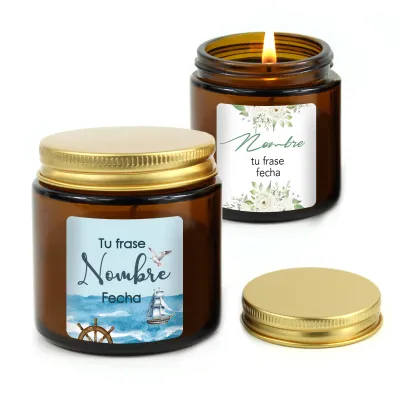 Vela Aromática Madera Ámbar Personalizada para Detalle de Comunión
