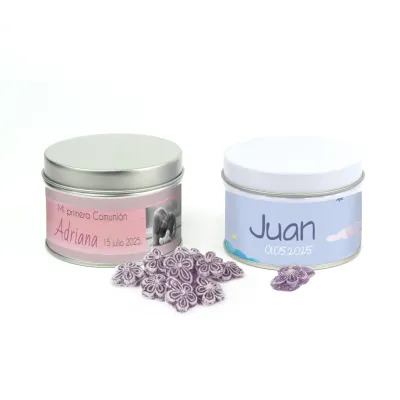 Violetas en lata personalizada Comunión